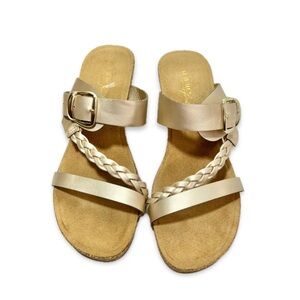 Annie Comfort Gold Strap Wedge Heels Women’s Size 8W